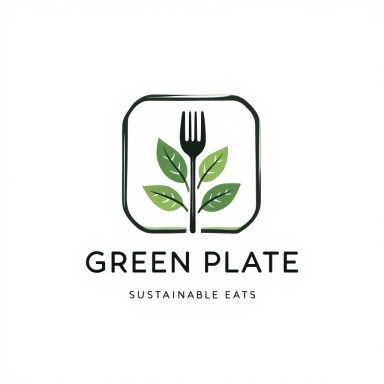 Logo for "Green Plate" featuring a fork and leaves, promoting sustainable eating.
