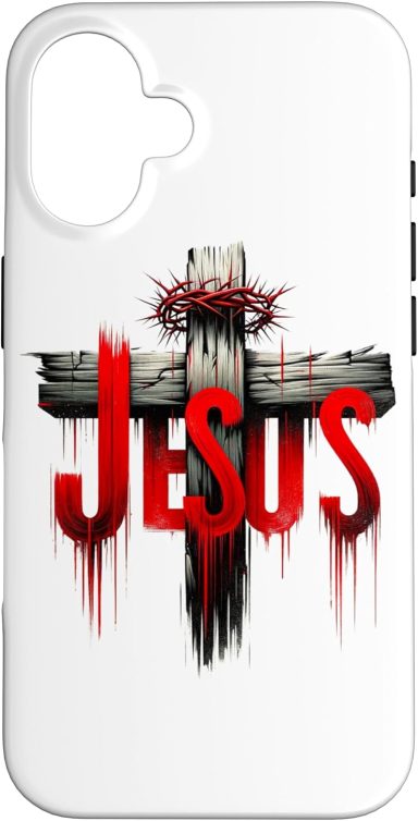 Red lettering spelling "Jesus" over a wooden cross with a crown of thorns.
