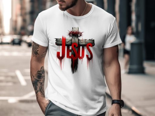 Man wearing a white T-shirt featuring a cross and the text "Jesus" in bold red letters.