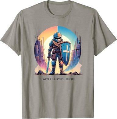 Gray t-shirt featuring a knight in armor with a shield and sword, set against a colorful background.