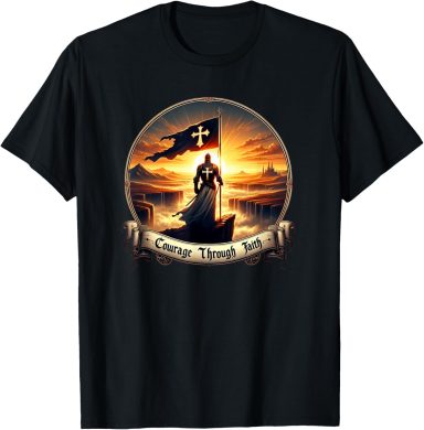 Black t-shirt featuring a silhouetted figure holding a flag against a sunset backdrop.