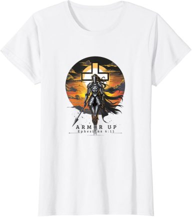A white t-shirt featuring a knight silhouette against a colorful sunset background.
