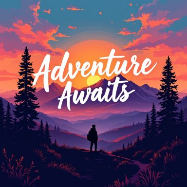 A silhouette of a person standing before mountains at sunset with "Adventure Awaits" text.