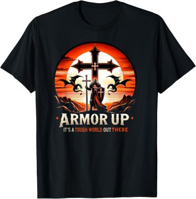 Black T-shirt with "ARMOR UP" text, a cross, and bats against an orange sunset background.